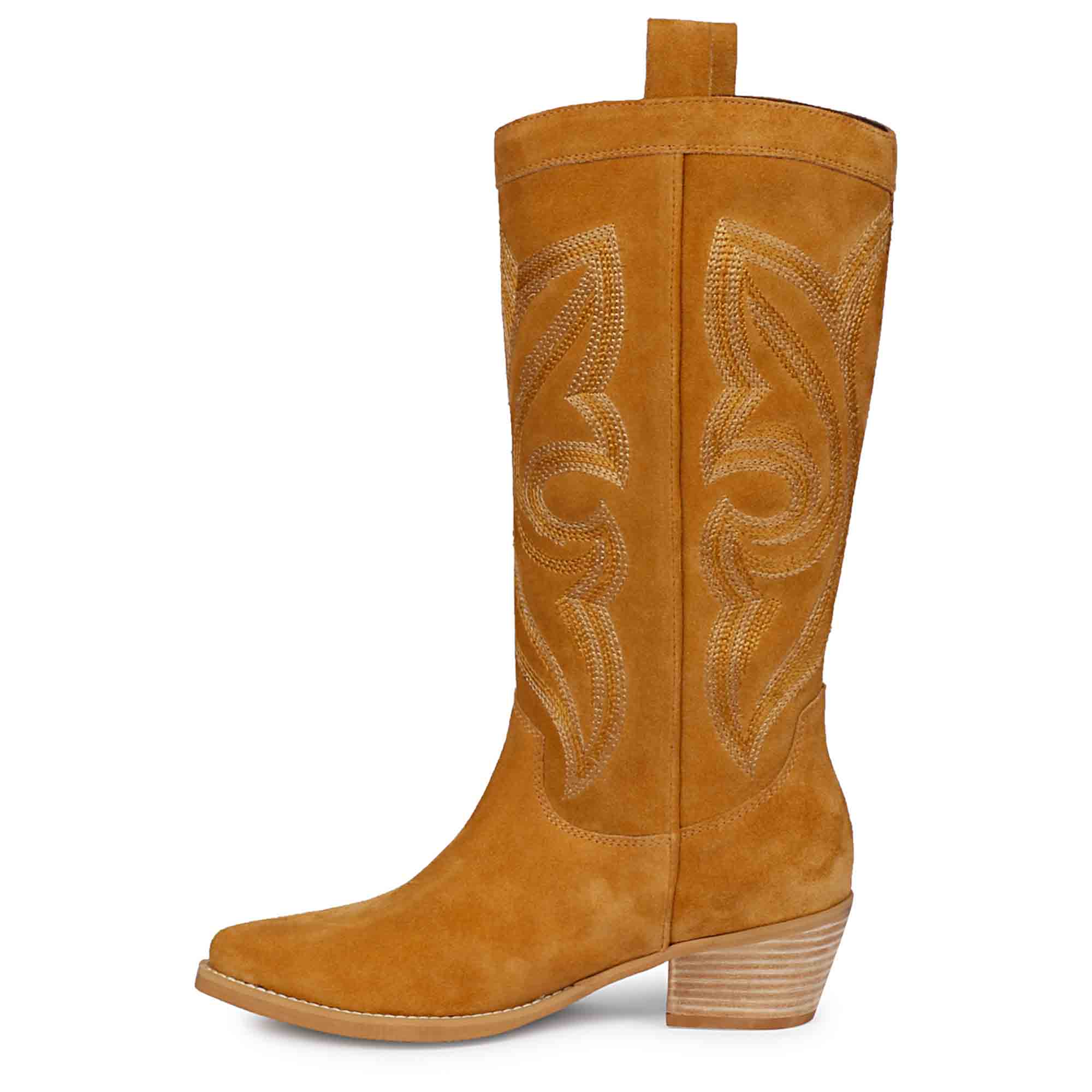 Saint Martina Tan Stitched Leather Handcrafted Cowboy Boots - Image 4