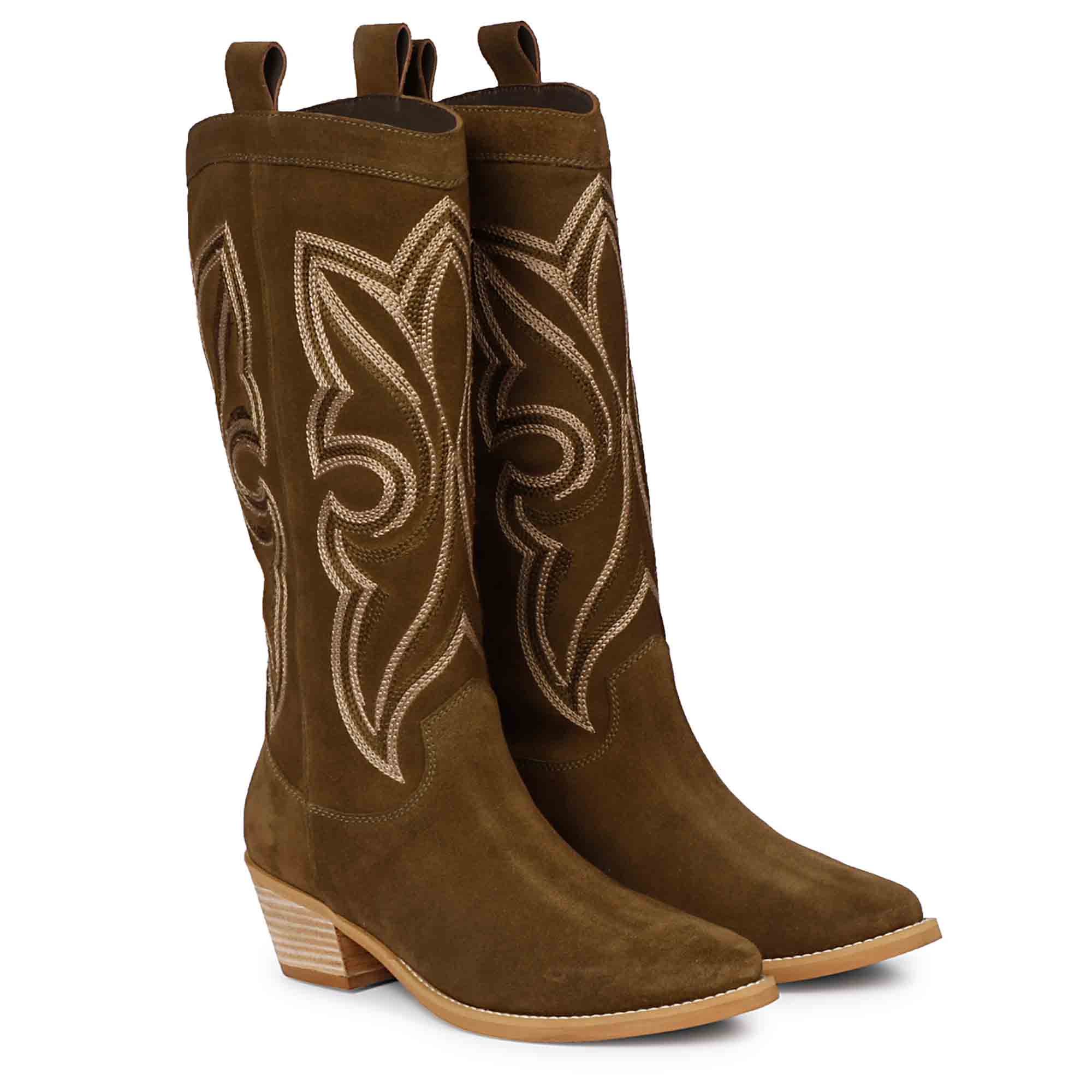 Saint Martina Khaki Stitched Leather Handcrafted Cowboy Boots - Image 3