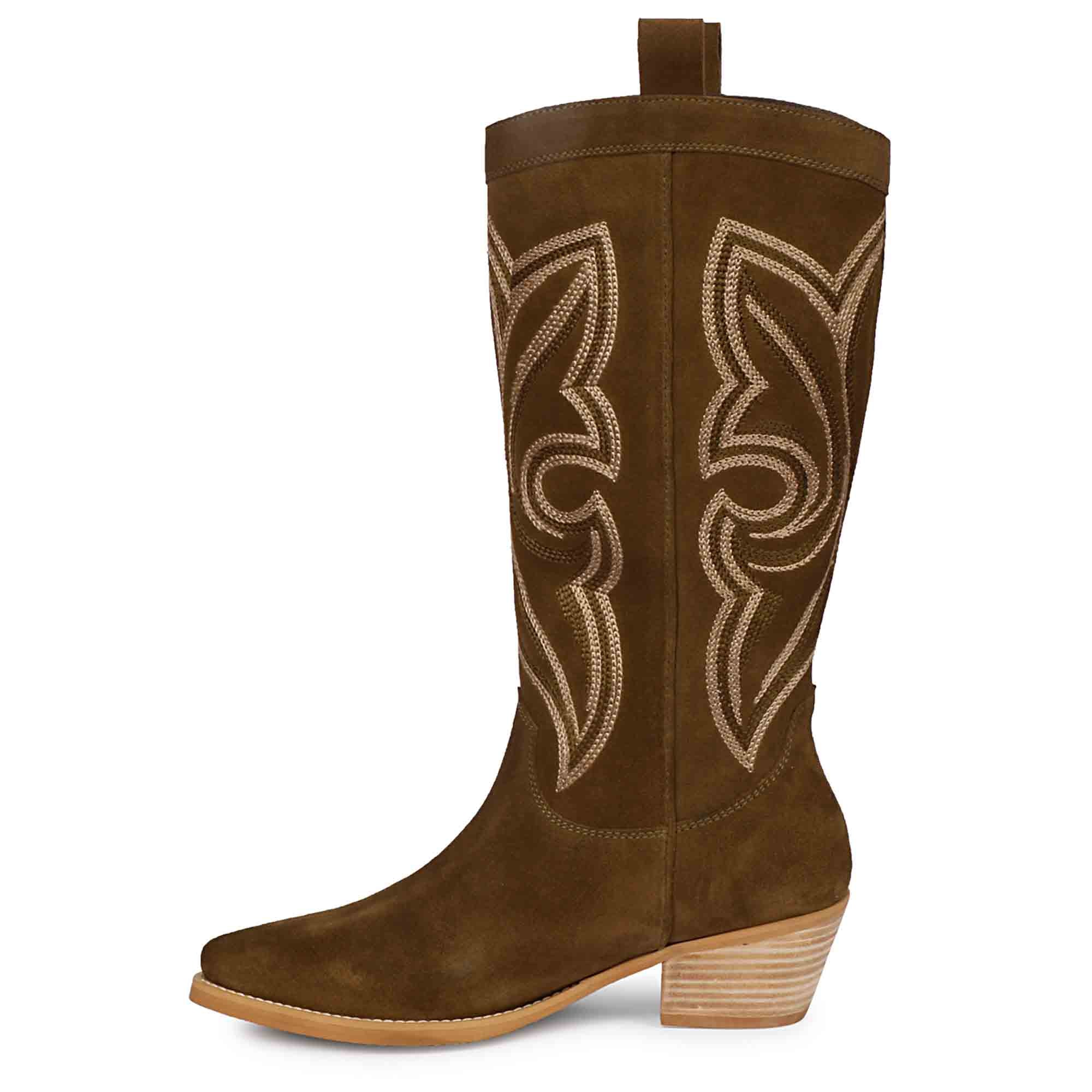 Saint Martina Khaki Stitched Leather Handcrafted Cowboy Boots - Image 4