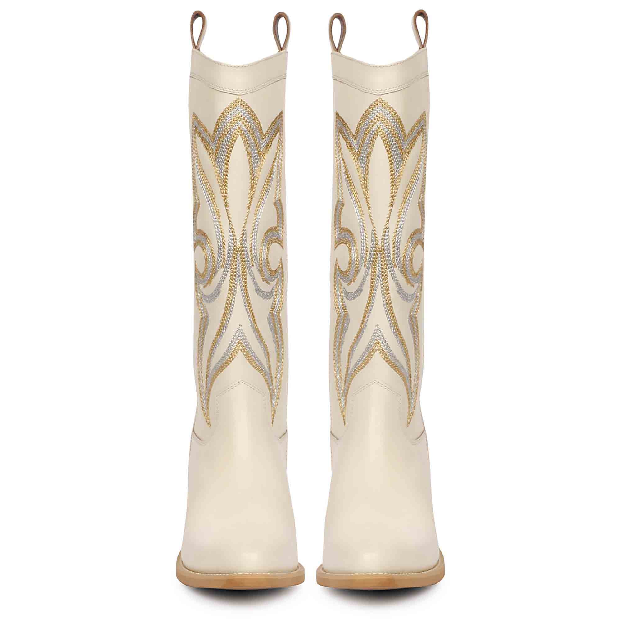 Saint Martina Off White Stitched Leather Cowboy Boots - Image 4