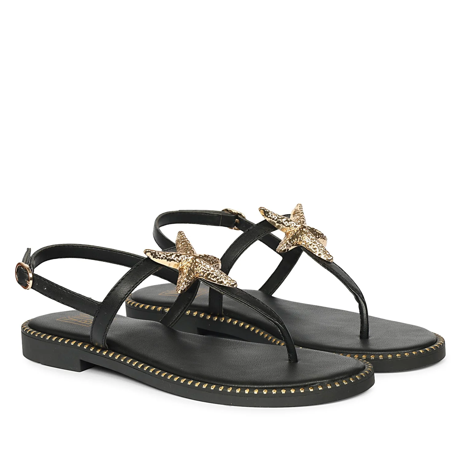 Melanie Black Leather Flat Sandals - Image 2