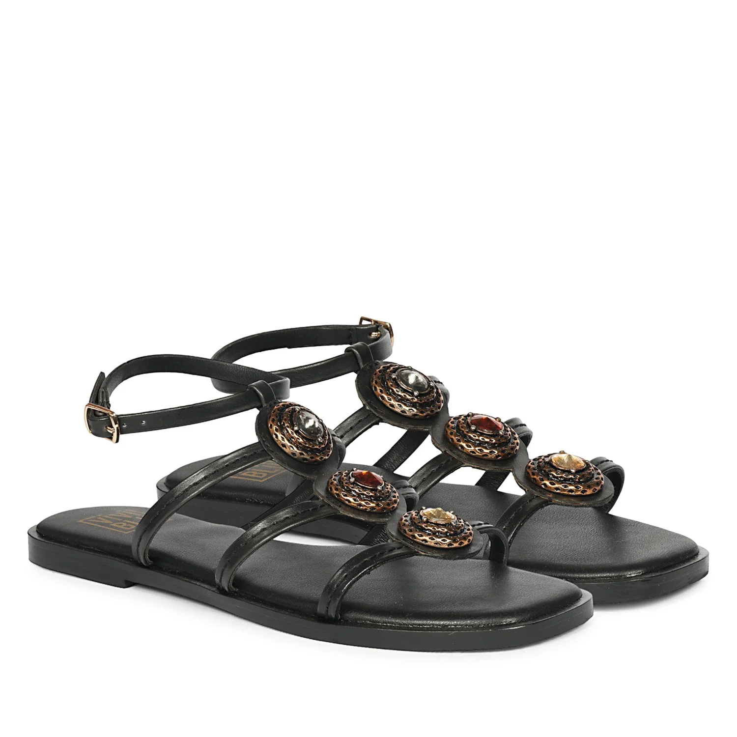 Natalie Black Leather Flat Sandals - Image 2