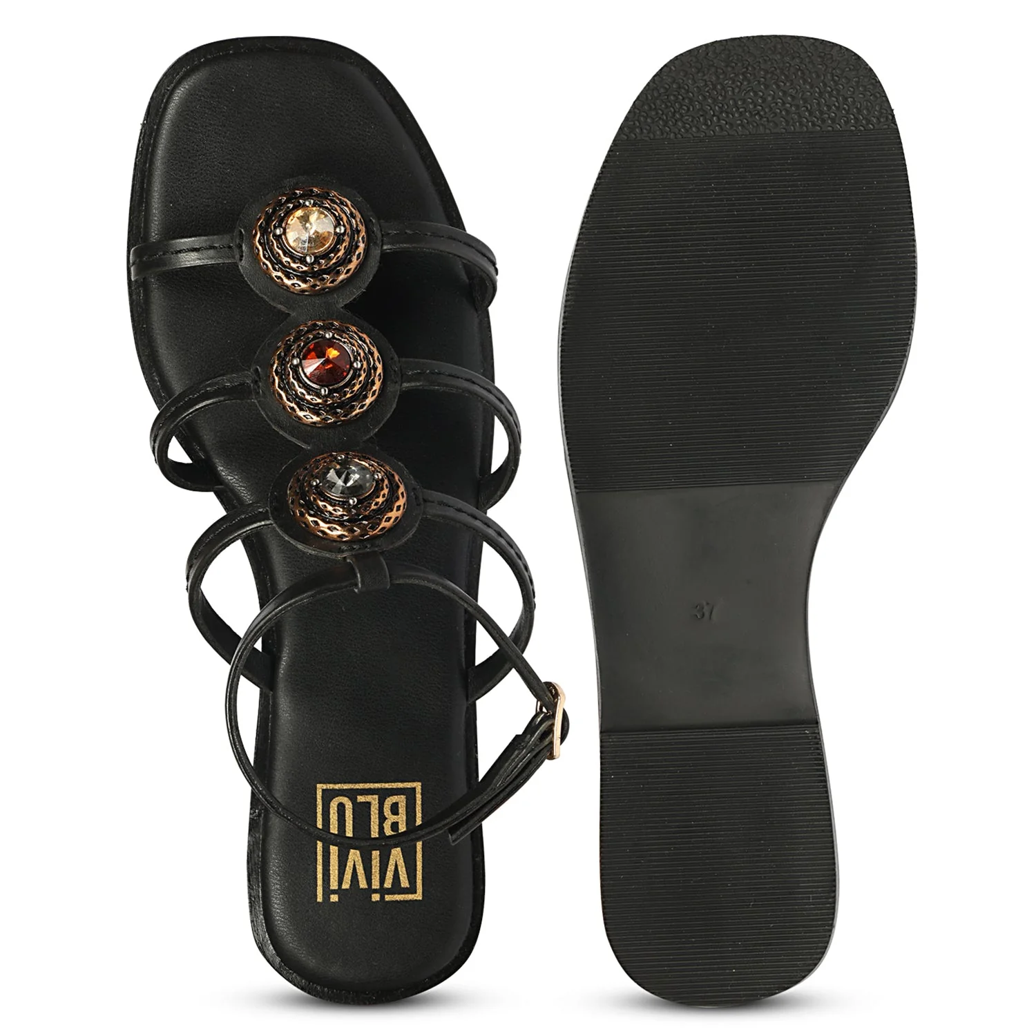 Natalie Black Leather Flat Sandals - Image 6