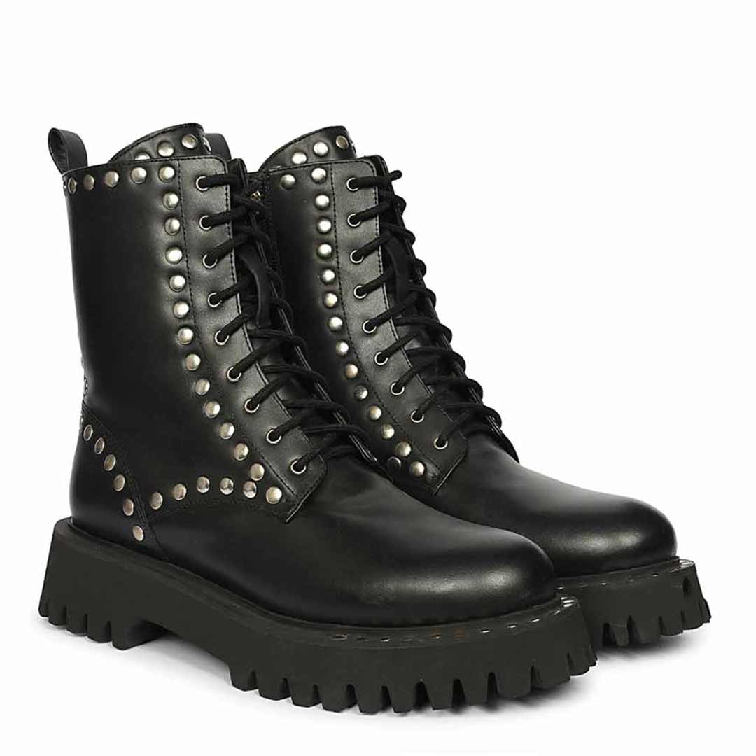 Saint Natalie Metal Studs Lace Up High Ankle Leather Boots - Image 3