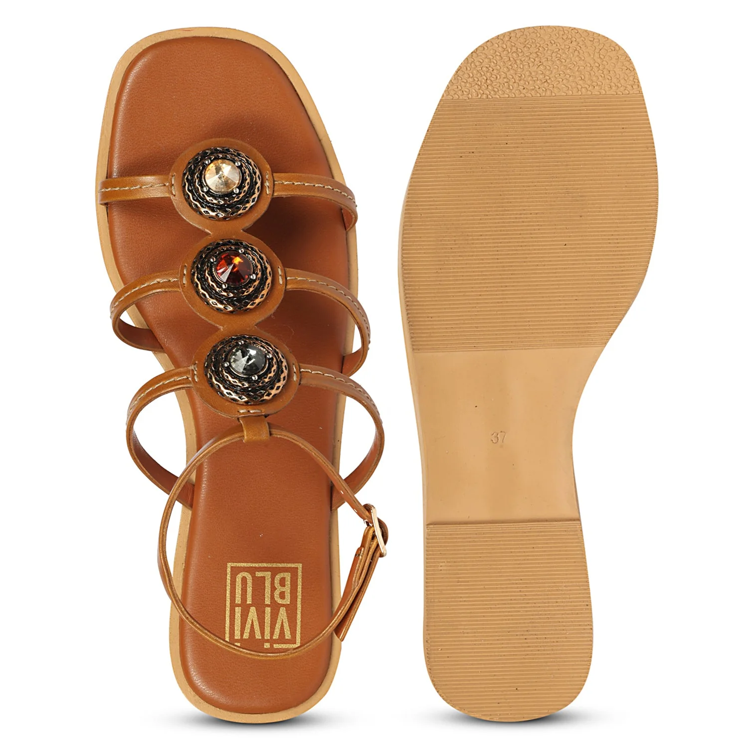 Natalie Tan Leather Flat Sandals - Image 6