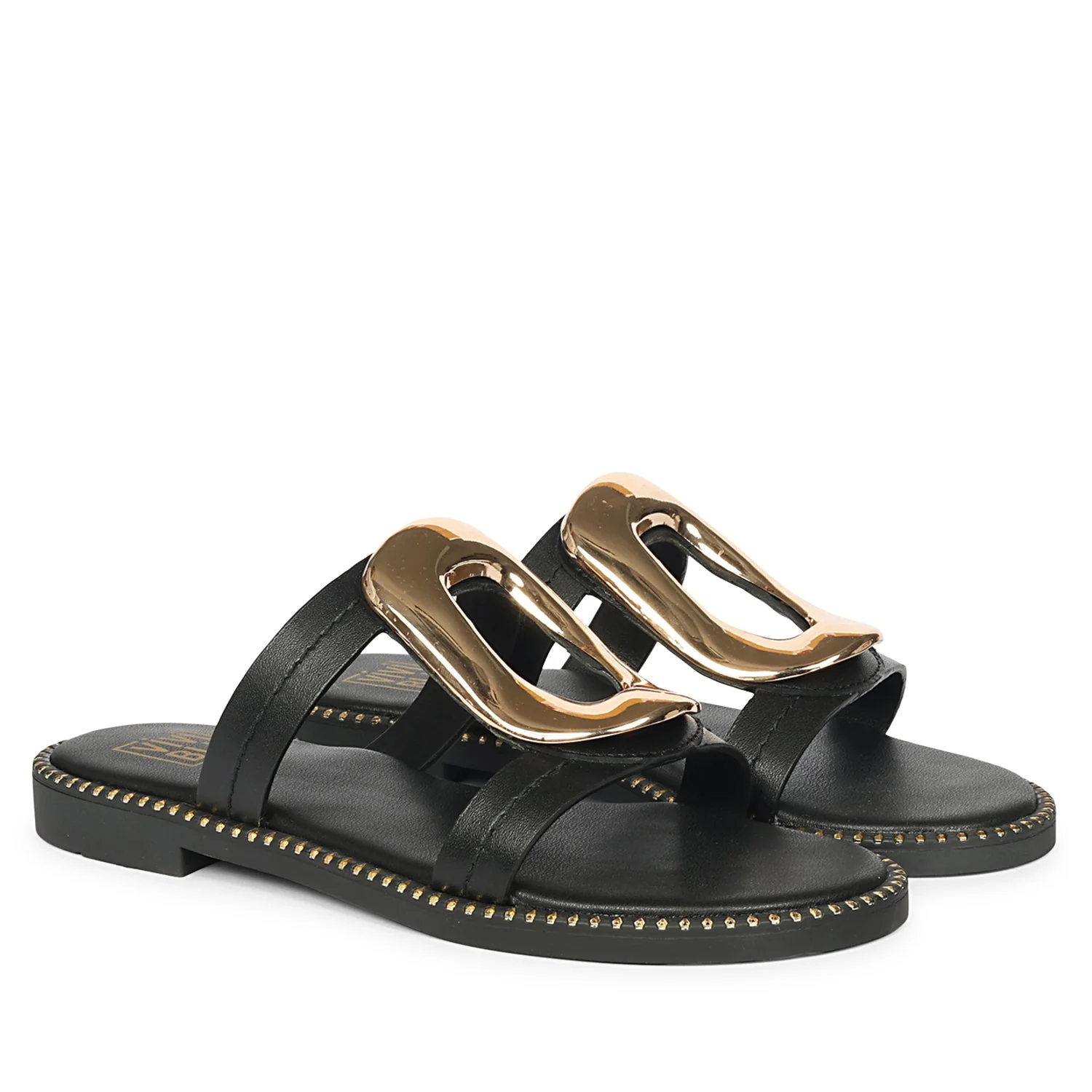 Reina Black Leather Flat Sandals - Image 2
