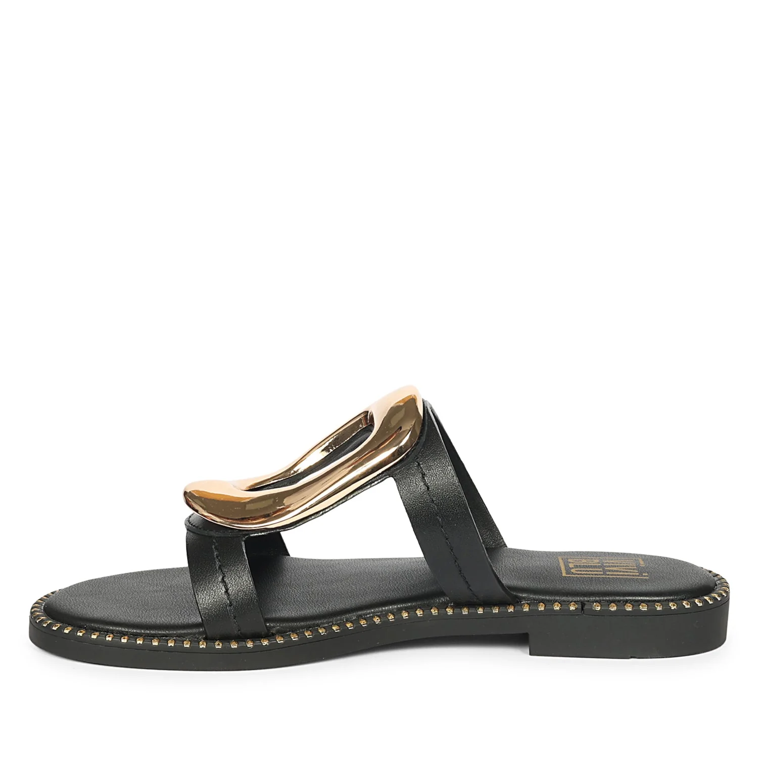Reina Black Leather Flat Sandals - Image 3
