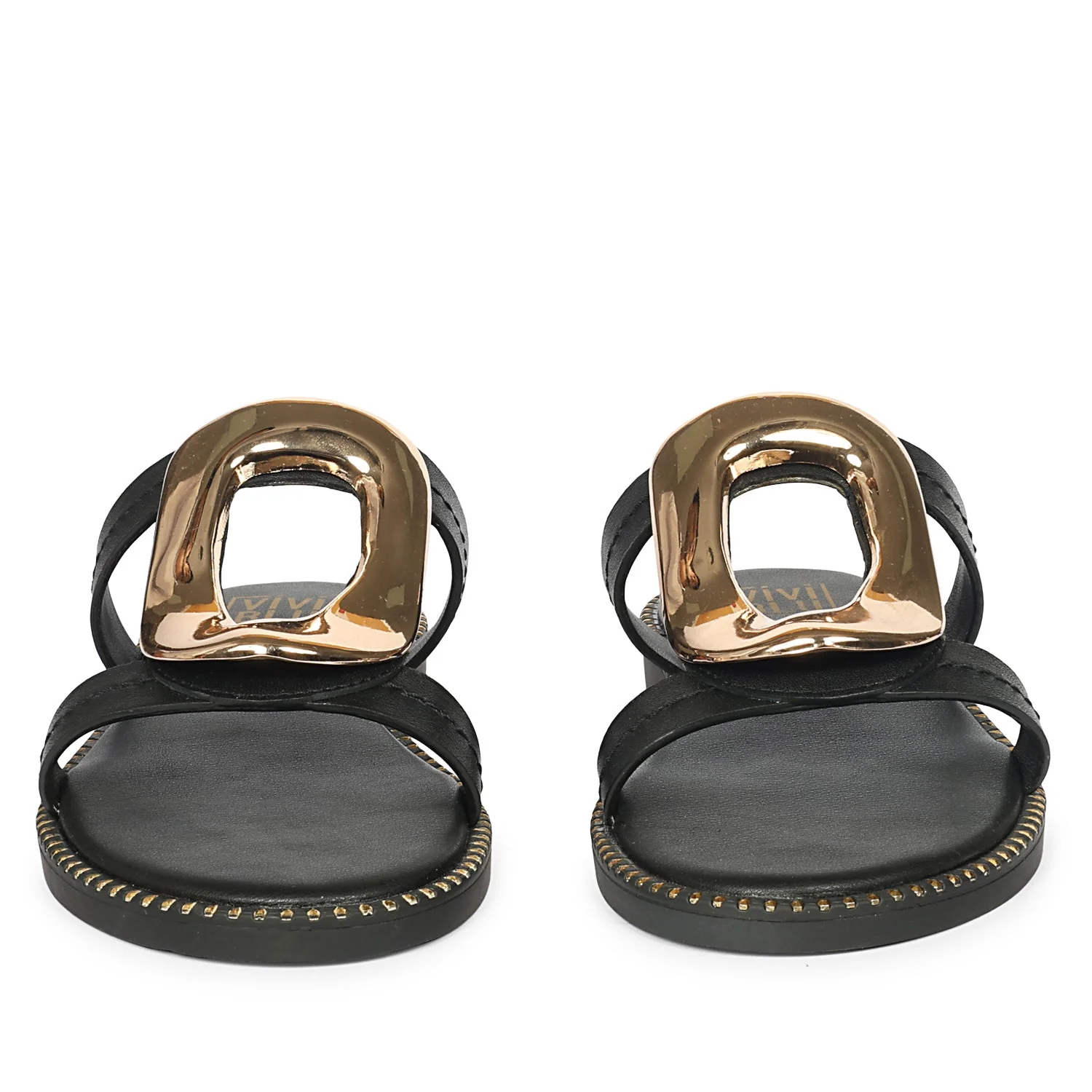 Reina Black Leather Flat Sandals - Image 4