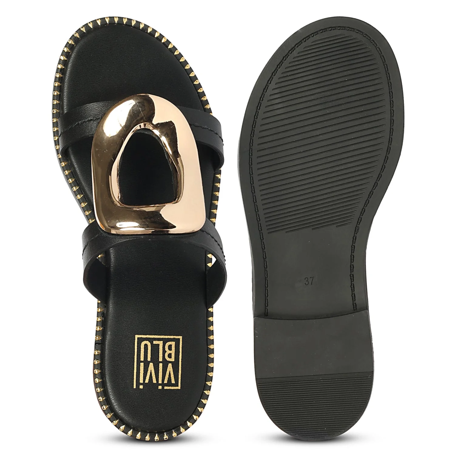 Reina Black Leather Flat Sandals - Image 6