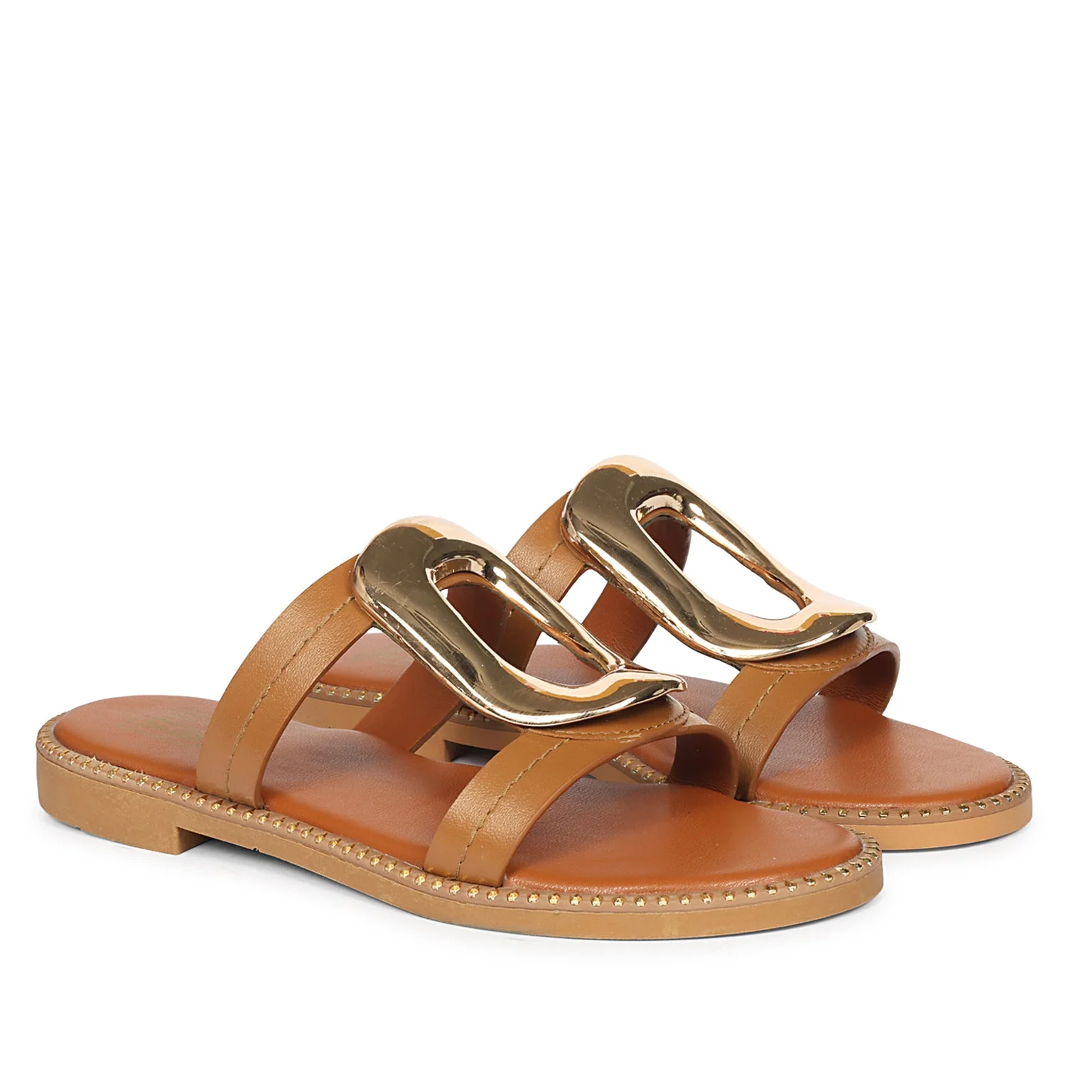 Reina Tan Leather Flat Sandals - Image 2