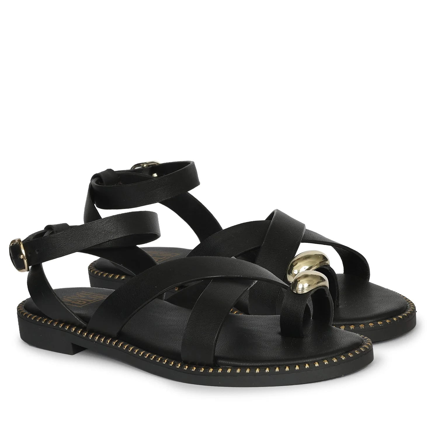 Reyna Black Leather Flat Sandals - Image 2