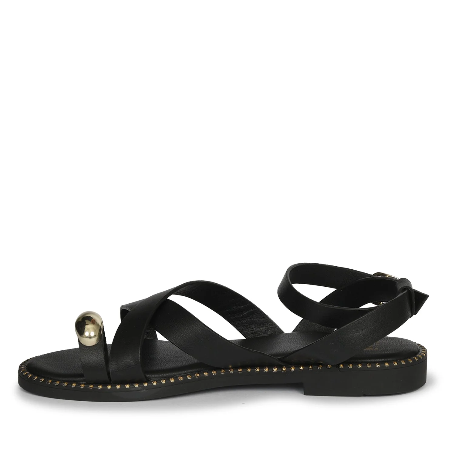 Reyna Black Leather Flat Sandals - Image 3
