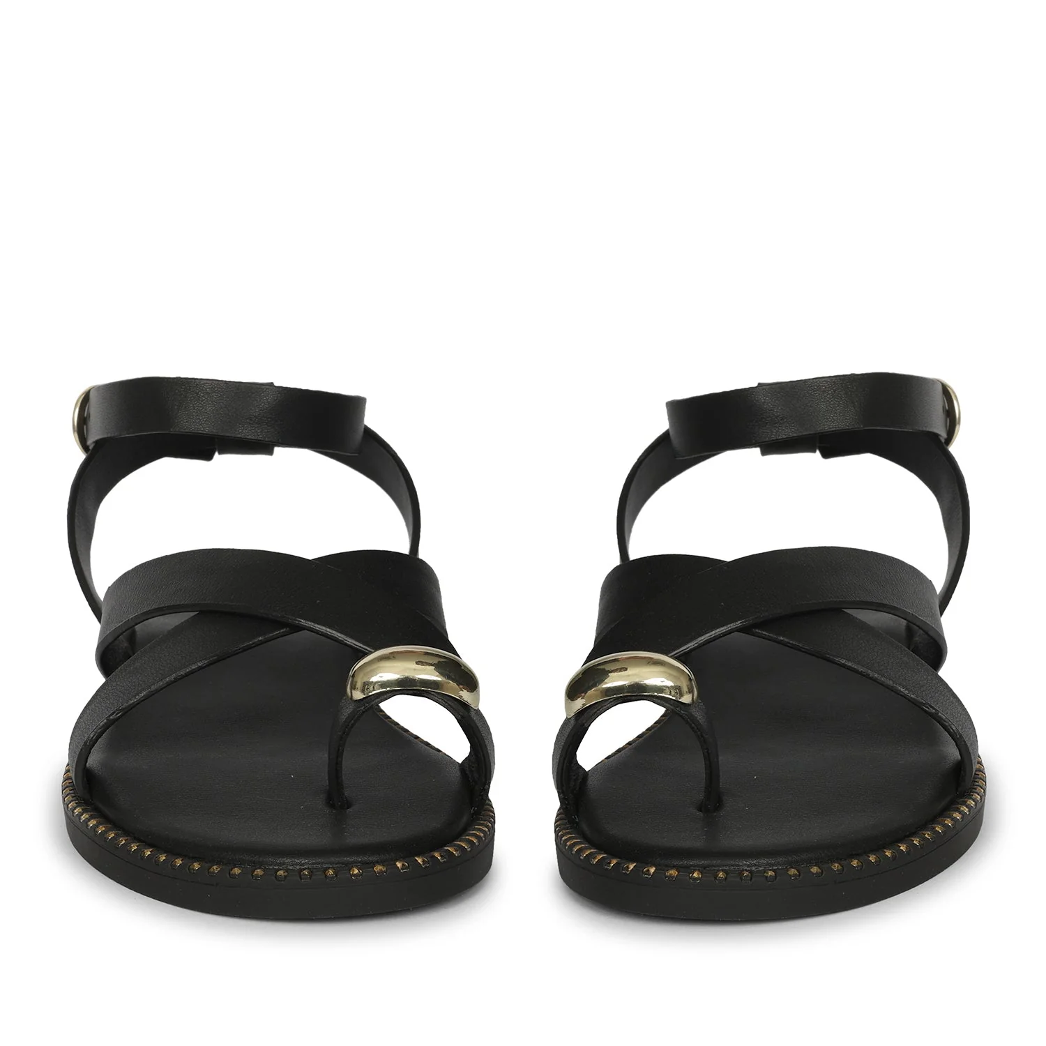Reyna Black Leather Flat Sandals - Image 4