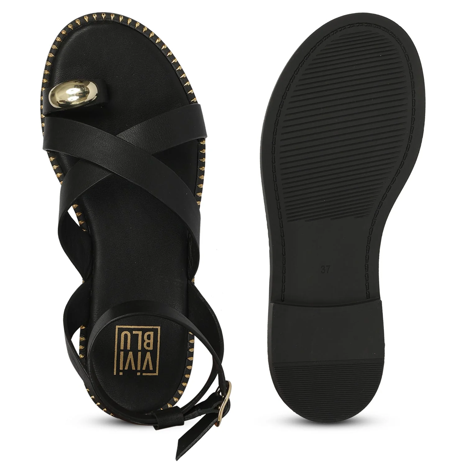 Reyna Black Leather Flat Sandals - Image 6