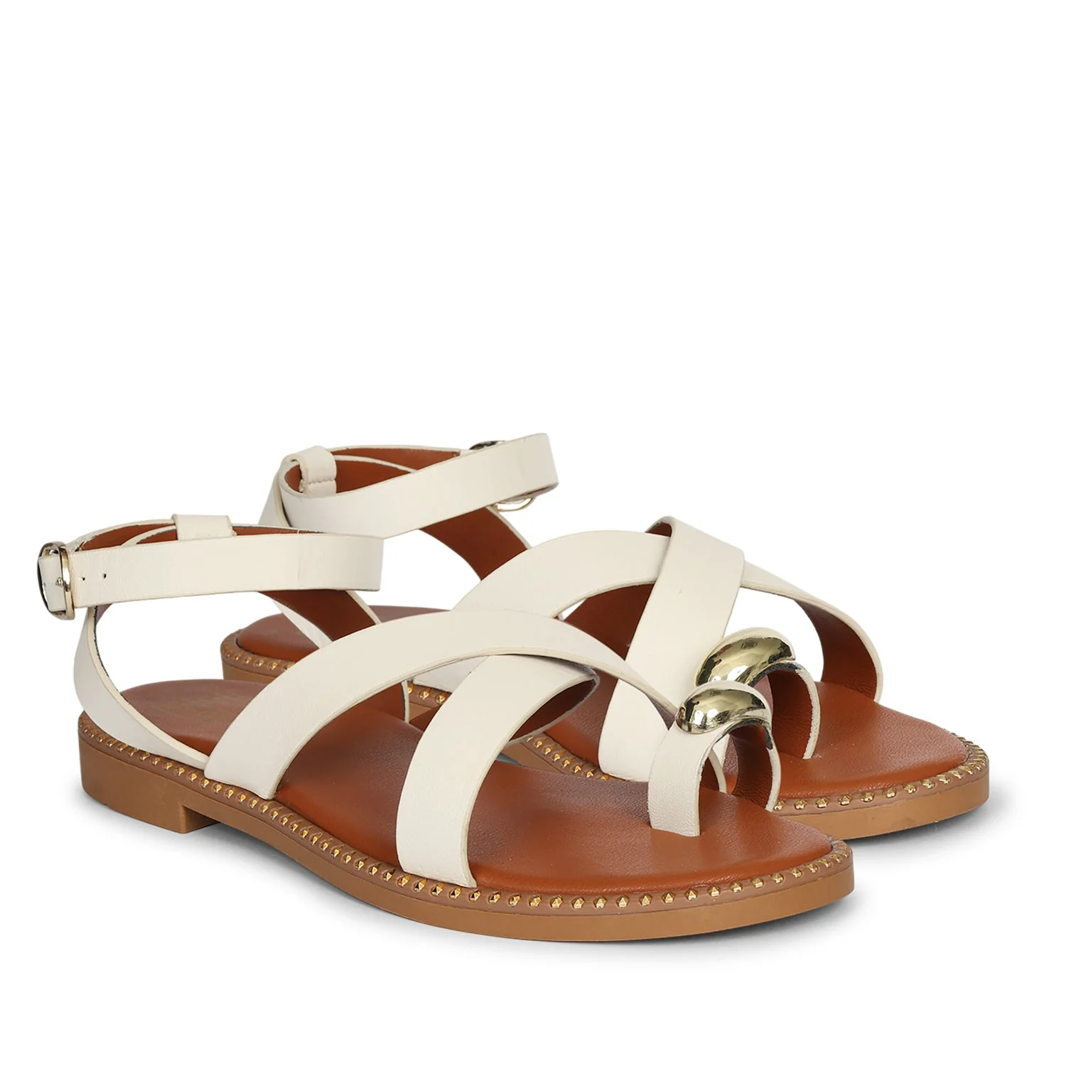 Reyna Off White Leather Flat Sandals - Image 2