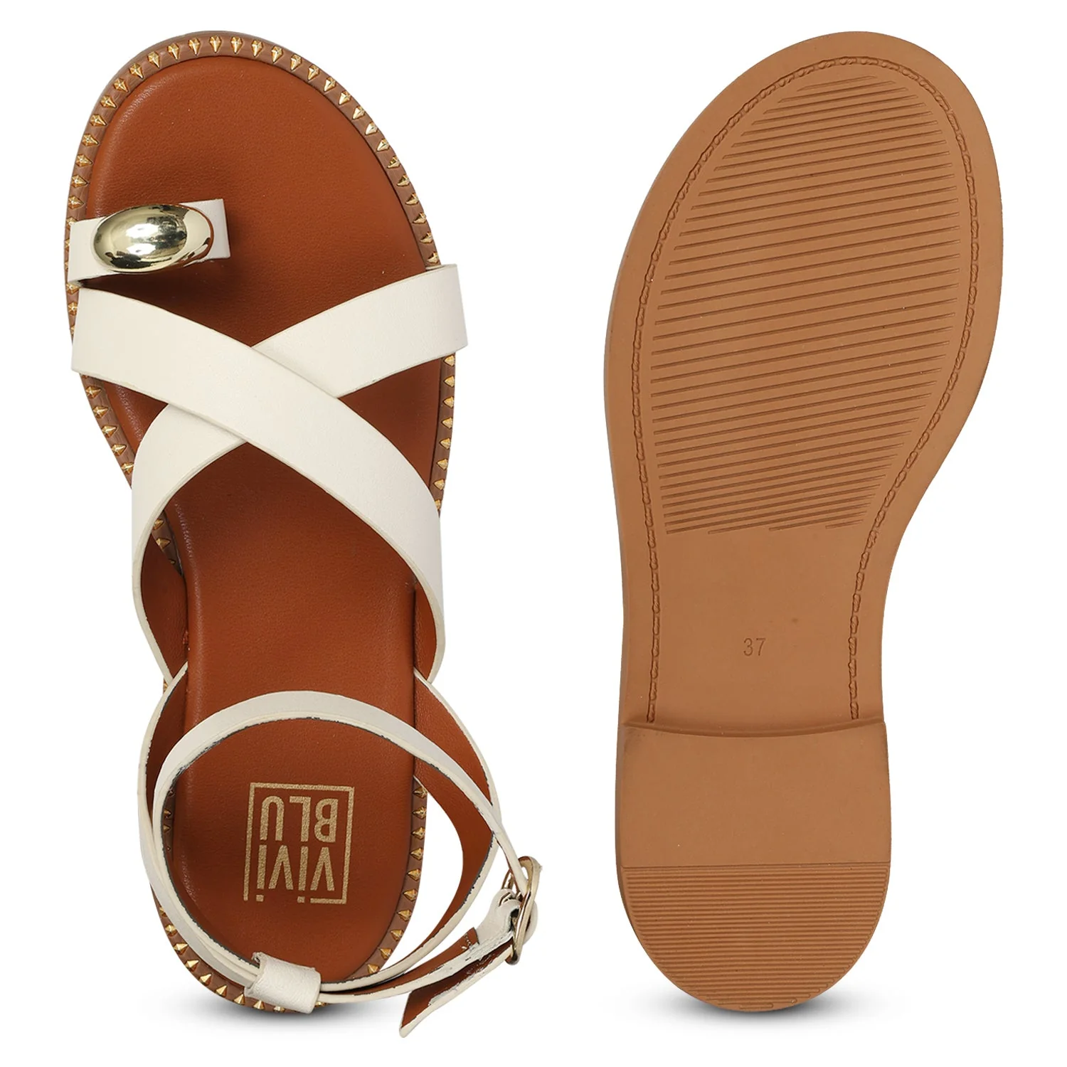 Reyna Off White Leather Flat Sandals - Image 6