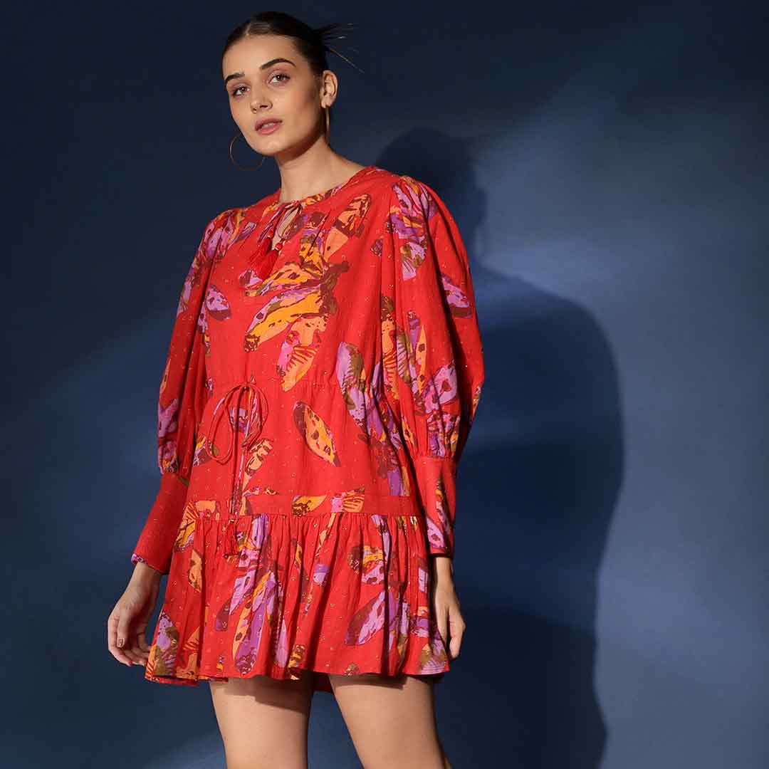 Saint Aaliyah Womens Red Printed Cotton Lurex Short Dress - Image 3
