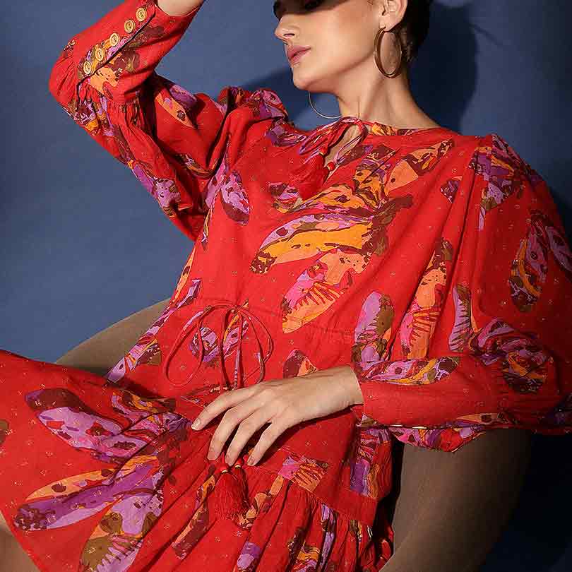 Saint Aaliyah Womens Red Printed Cotton Lurex Short Dress - Image 5