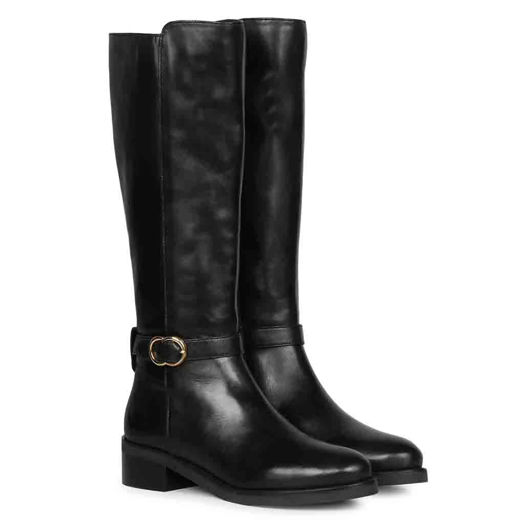 Saint Abella Buckle Decorative Black Leather Long Boots - Image 3