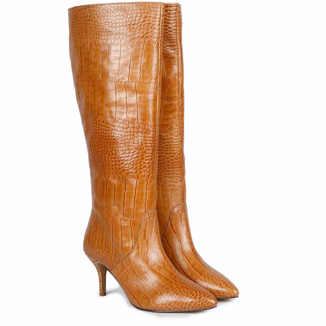 Saint Adella Croco Embossed Cuoio Leather Long Boots - Image 3