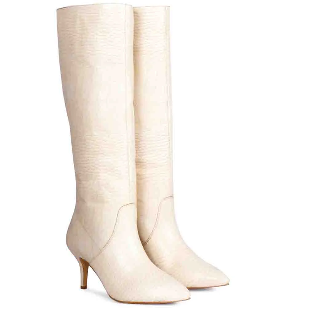 Saint Adella Croc Embossed Off White Leather Long Boots - Image 3