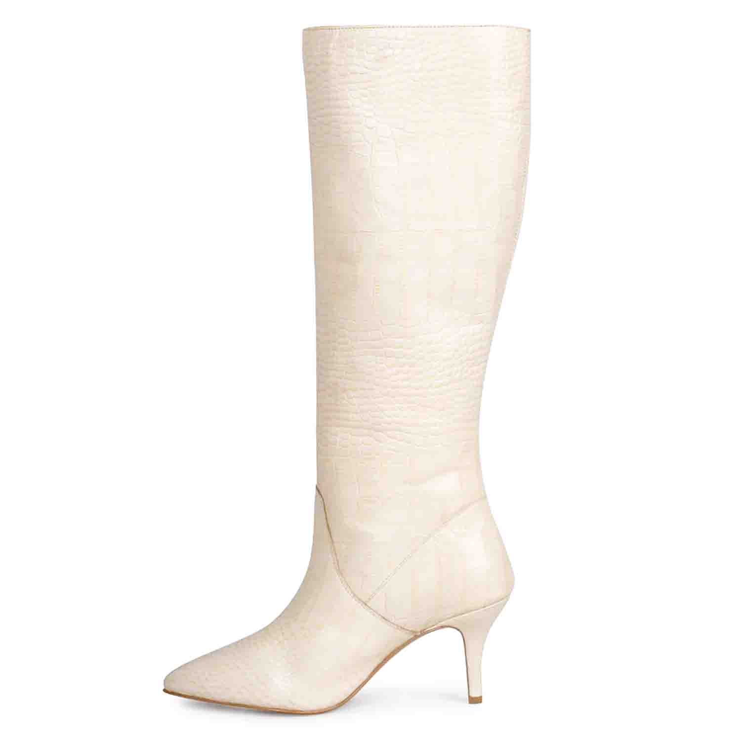 Saint Adella Croc Embossed Off White Leather Long Boots - Image 4