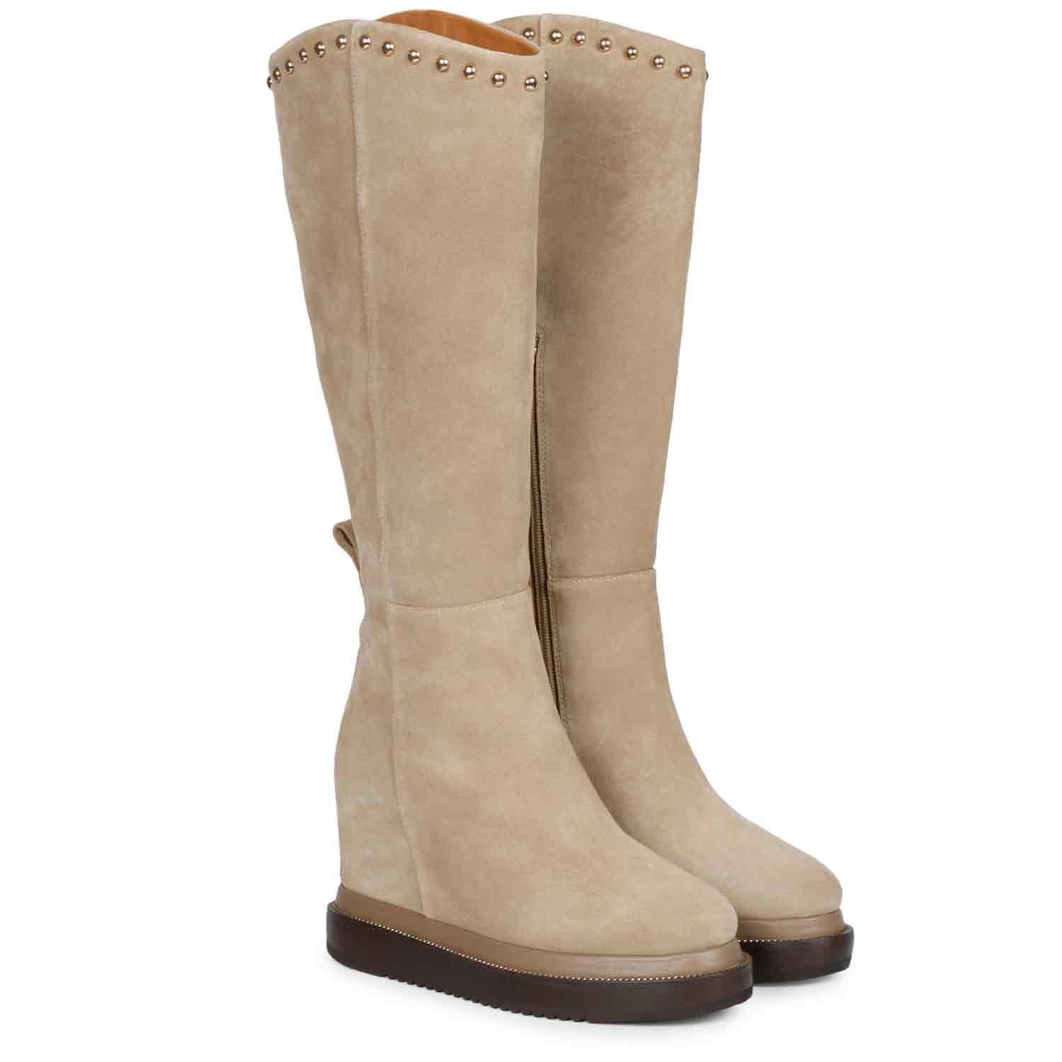 Saint Adelmo Metal Studs Ivory Suede Wedge Heel Long Boots - Image 3