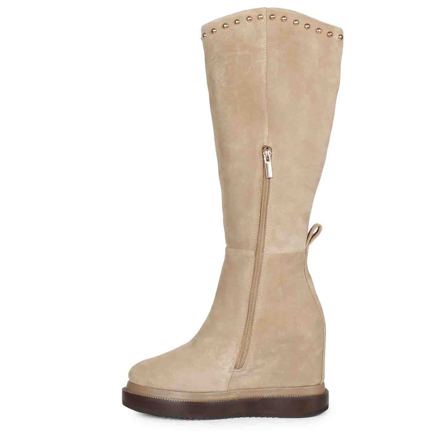 Saint Adelmo Metal Studs Ivory Suede Wedge Heel Long Boots - Image 4