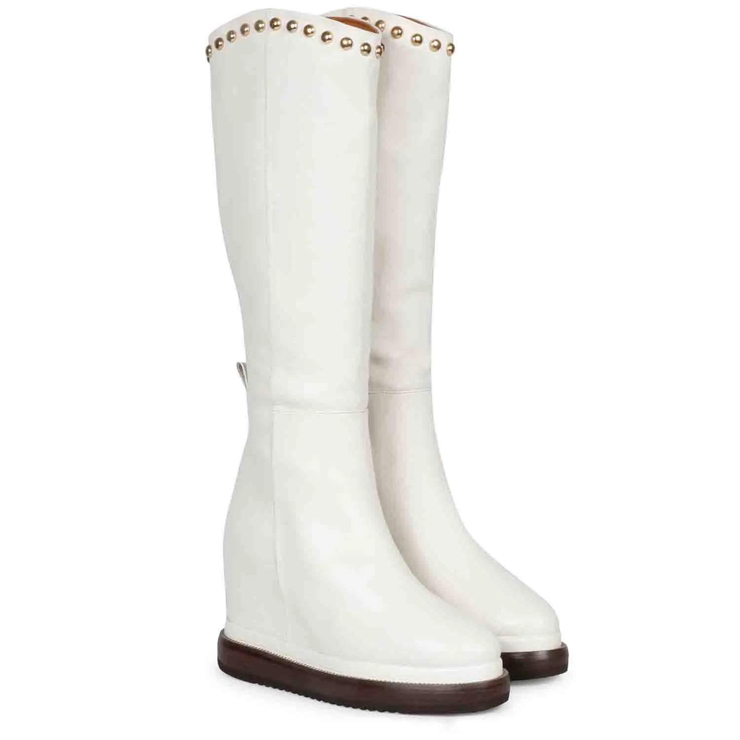 Saint Adelmo Metal Studs White Leather Wedge Heel Long Boots - Image 3