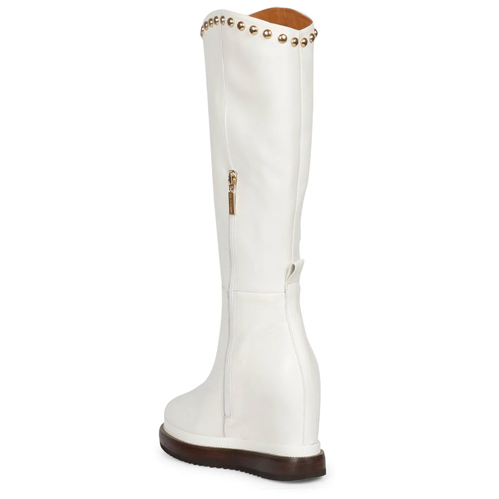 Saint Adelmo Metal Studs White Leather Wedge Heel Long Boots - Image 6