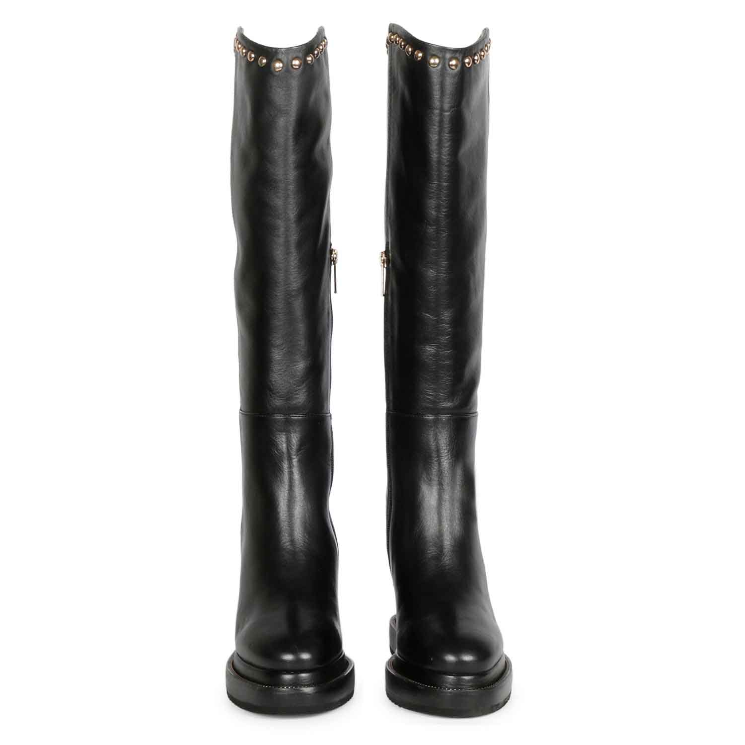 Saint Adelmo Studded Black Leather Inside Wedge Heel Long Boots - Image 3