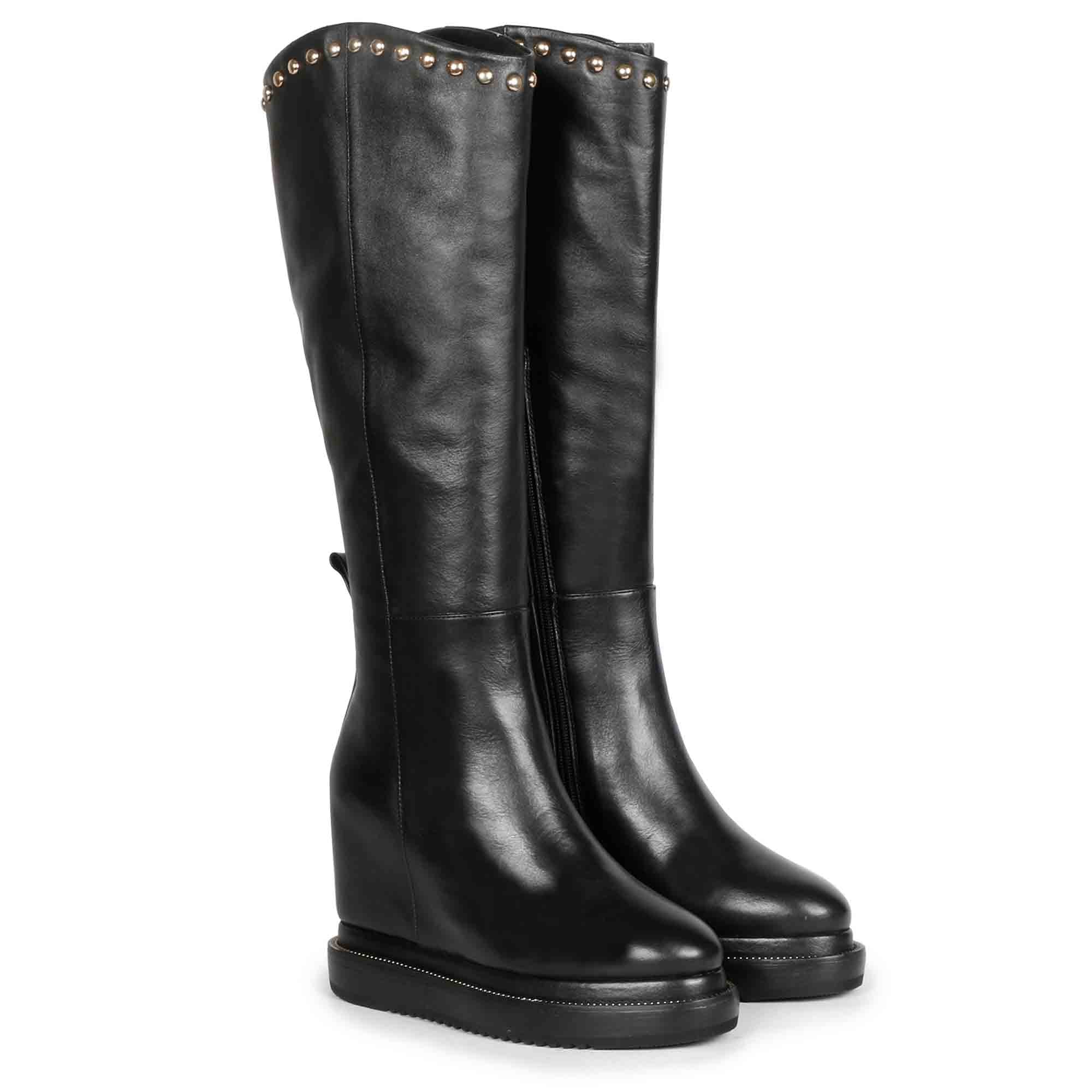 Saint Adelmo Studded Black Leather Inside Wedge Heel Long Boots - Image 4