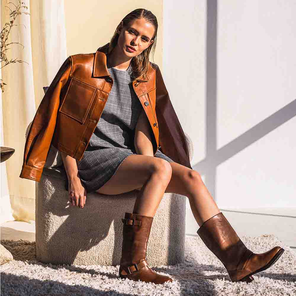 Saint Adette Buckle Decor Cognac Leather Calf Boots - Image 2