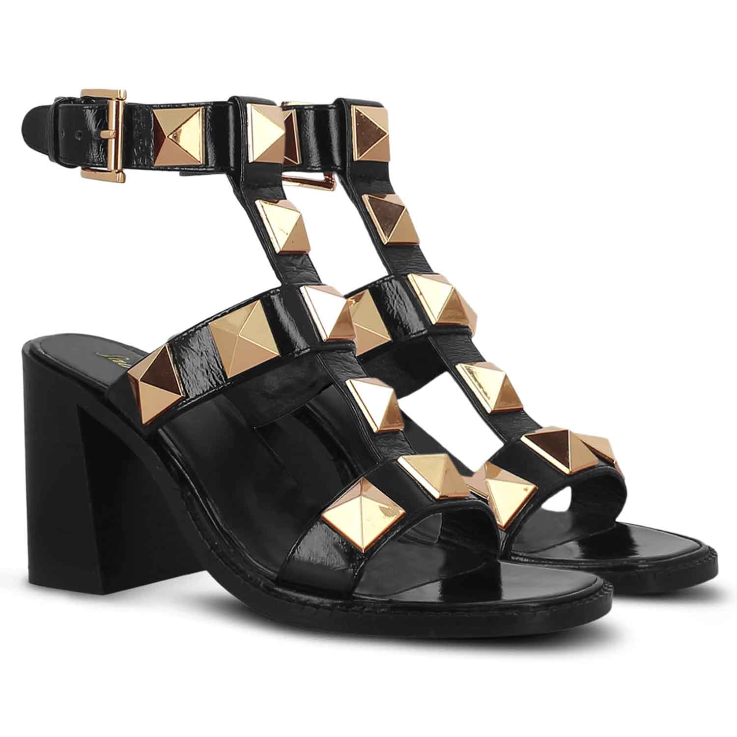 Saint Agnes Black Leather Metal Studded Block Heels - Image 3