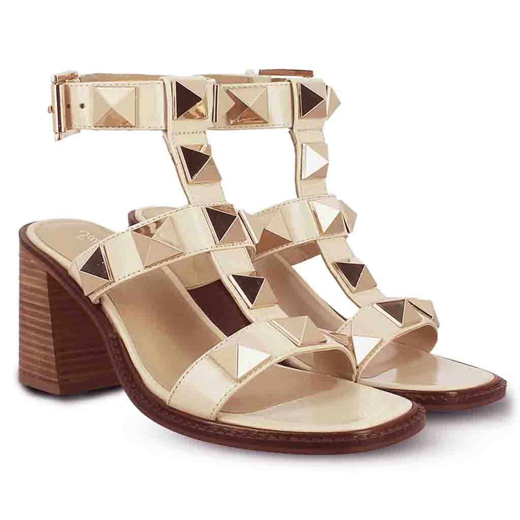 Saint Agnes Off White Leather Metal Studded Block Heels - Image 3