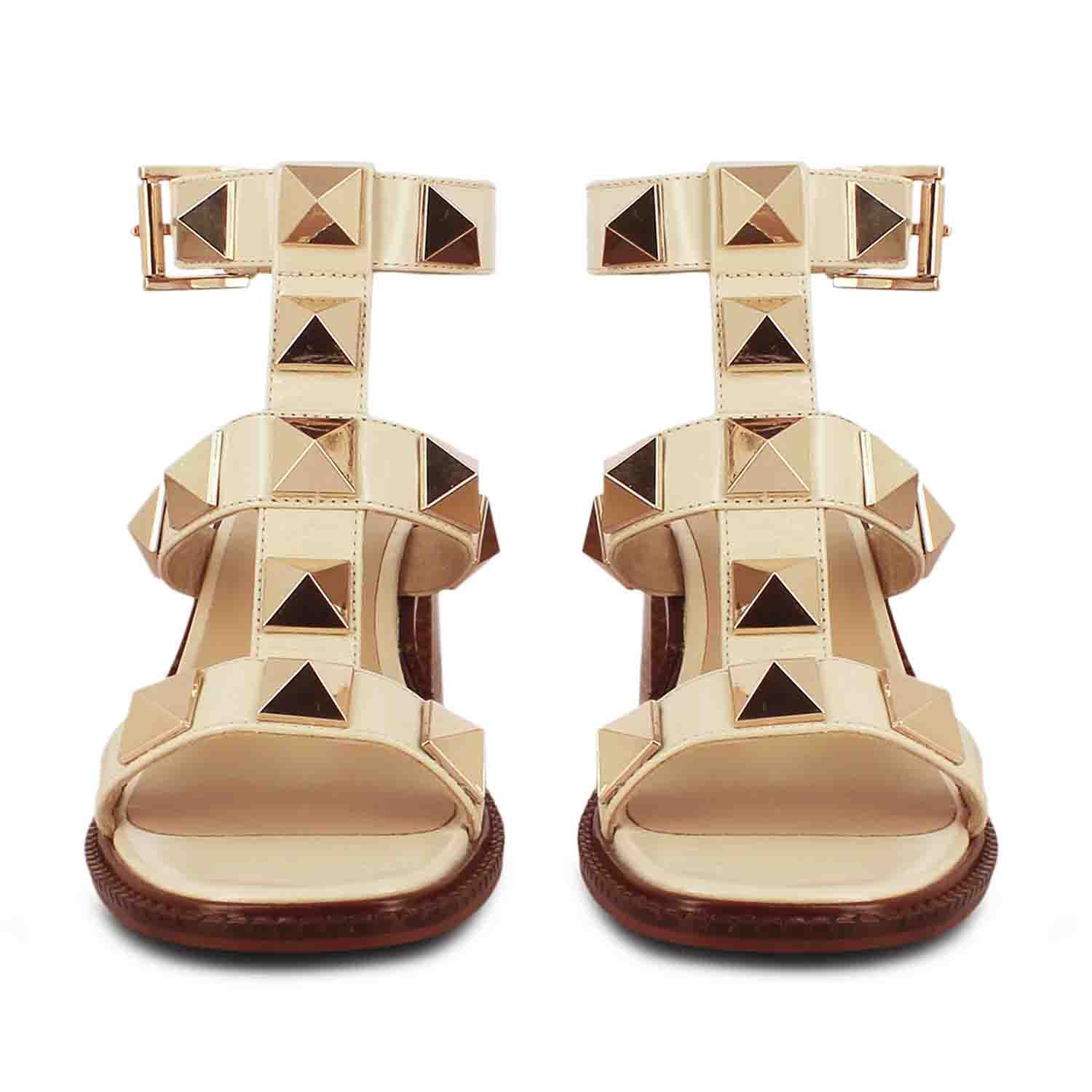 Saint Agnes Off White Leather Metal Studded Block Heels - Image 5