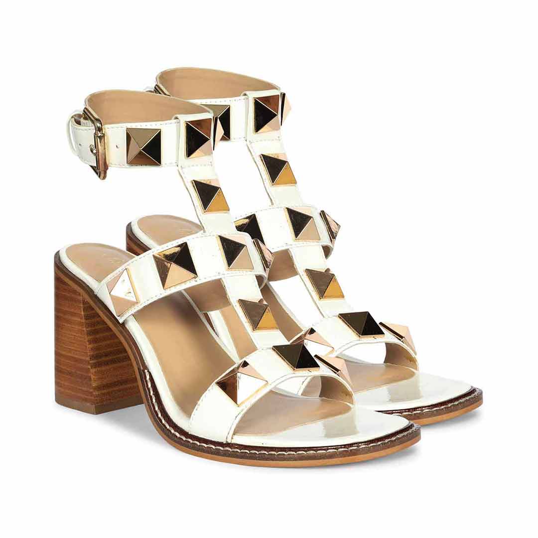 Saint Agnes White Patent Leather Metal Studded Block Heels - Image 2