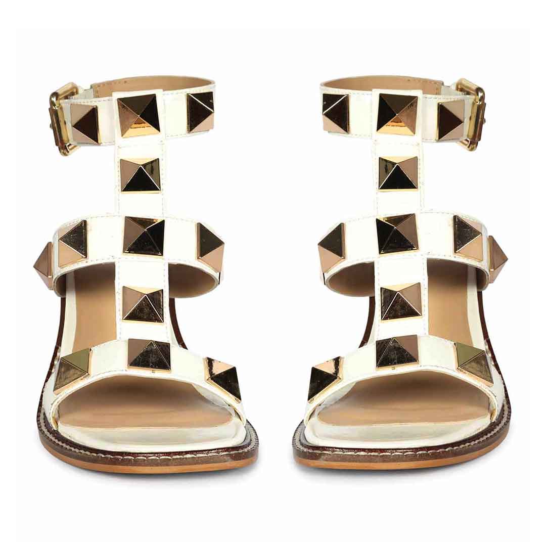 Saint Agnes White Patent Leather Metal Studded Block Heels - Image 4
