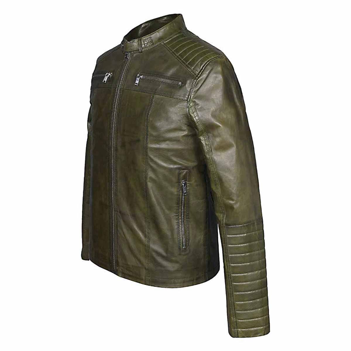 Saint Agostino Olive Leather Men's Cafe Racer Jackets - Image 3