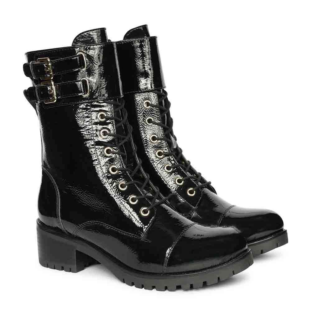 Saint Alba Black Crinkle Patent Leather Lace Up High Ankle Boots - Image 2