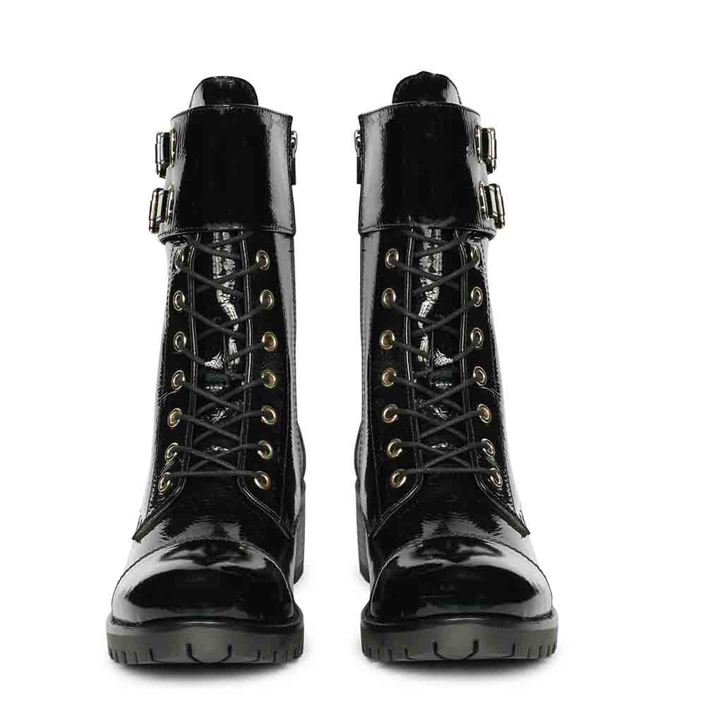 Saint Alba Black Crinkle Patent Leather Lace Up High Ankle Boots - Image 3
