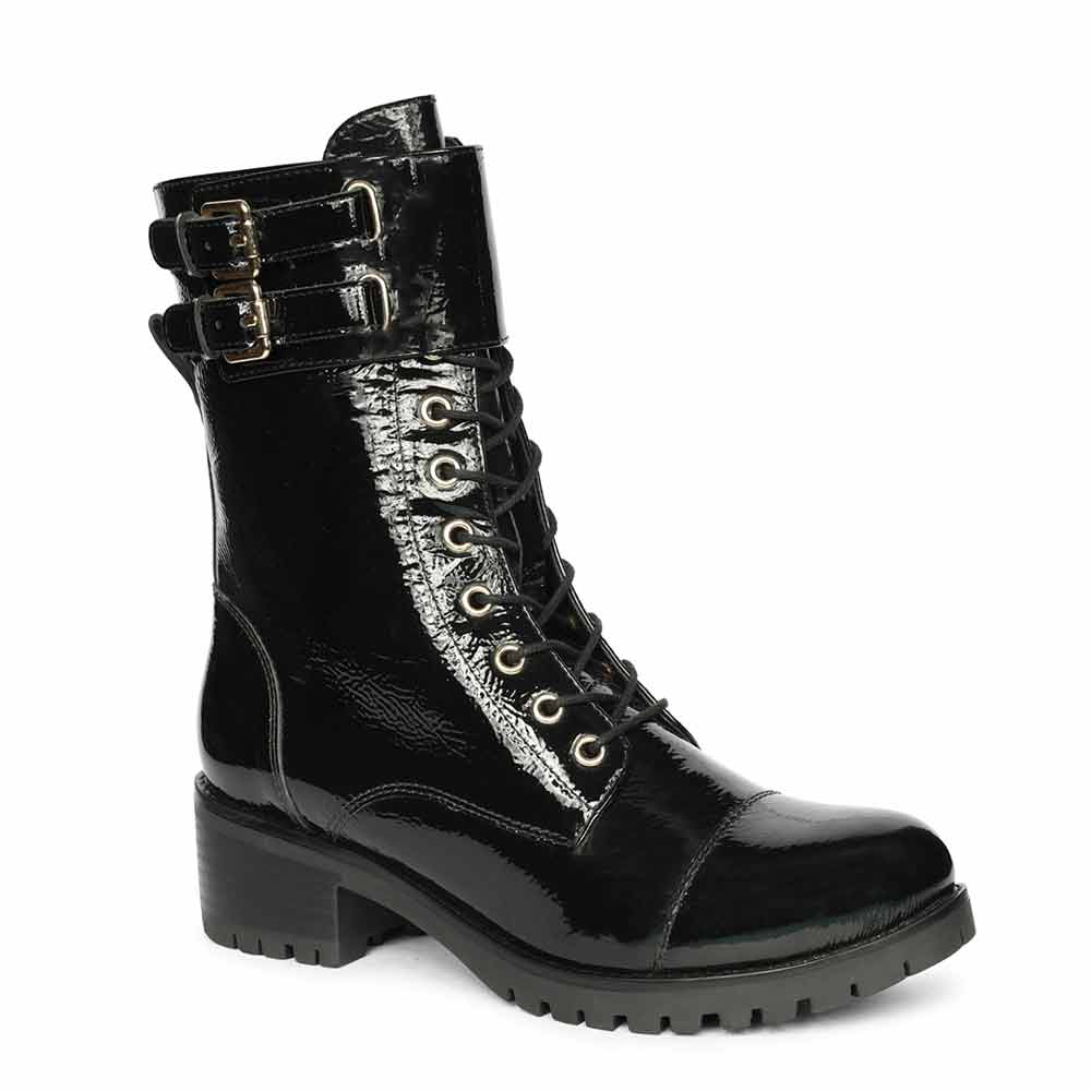 Saint Alba Black Crinkle Patent Leather Lace Up High Ankle Boots - Image 5