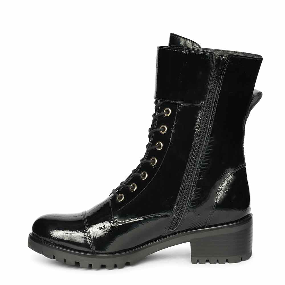 Saint Alba Black Crinkle Patent Leather Lace Up High Ankle Boots - Image 6