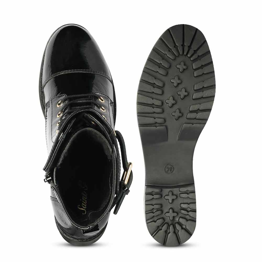 Saint Alba Black Crinkle Patent Leather Lace Up High Ankle Boots - Image 8