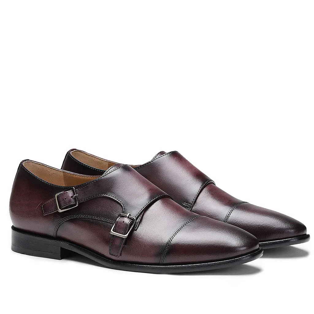 Saint Alboin Two Color Toned Red Leather Double Buckled Monk Strap Shoes - Image 3