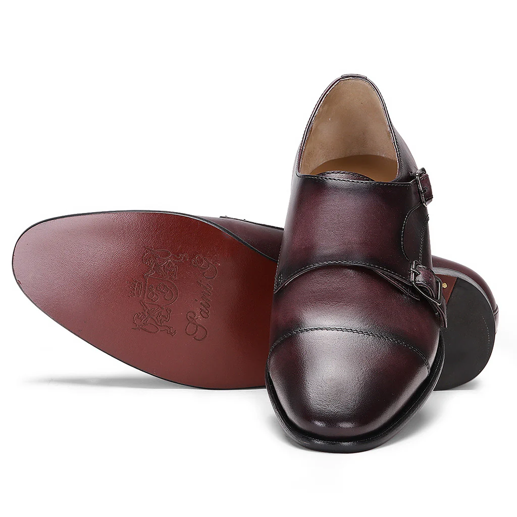 Saint Alboin Two Color Toned Red Leather Double Buckled Monk Strap Shoes - Image 4