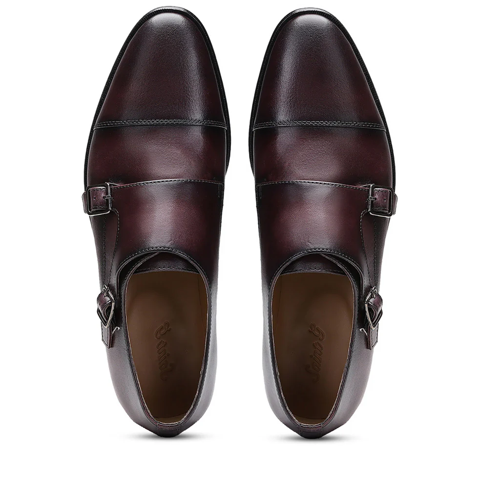 Saint Alboin Two Color Toned Red Leather Double Buckled Monk Strap Shoes - Image 6