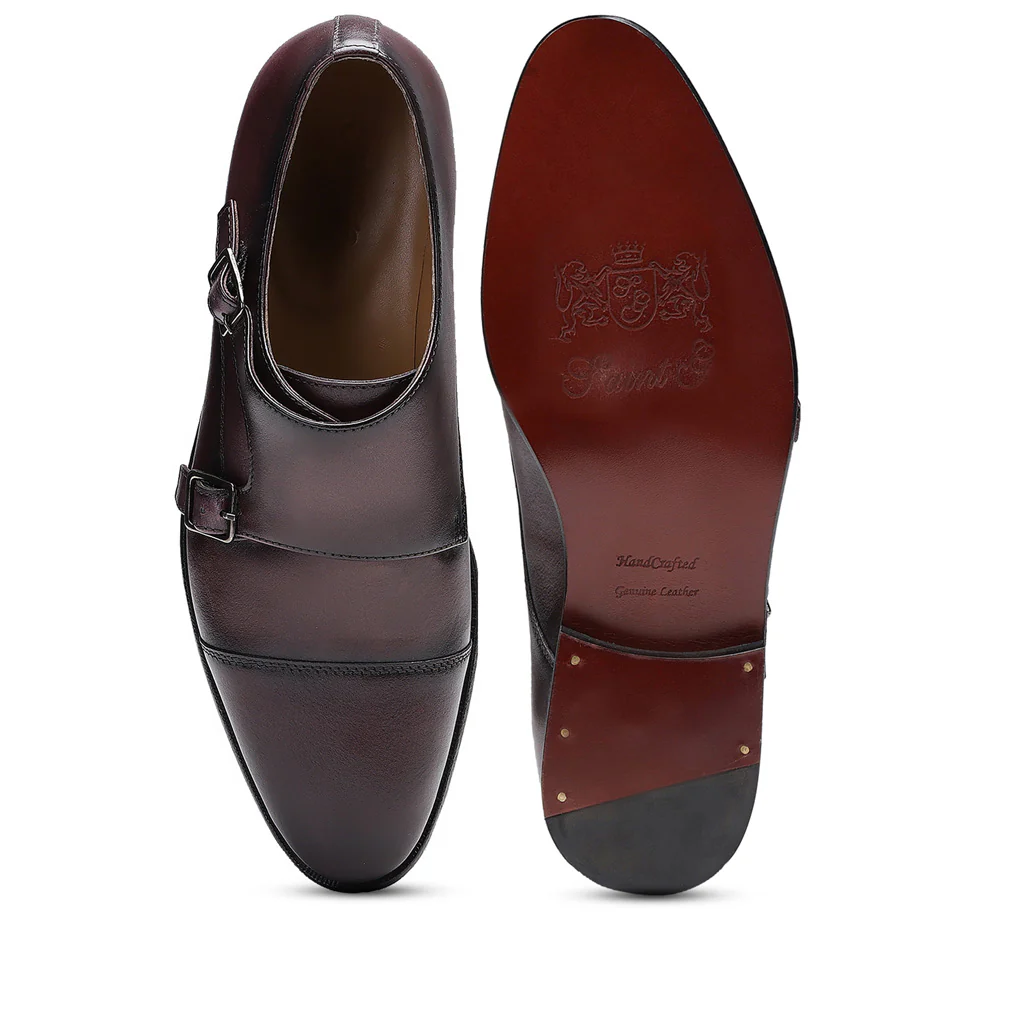 Saint Alboin Two Color Toned Red Leather Double Buckled Monk Strap Shoes - Image 7