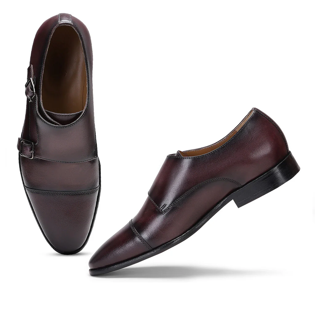 Saint Alboin Two Color Toned Red Leather Double Buckled Monk Strap Shoes - Image 8