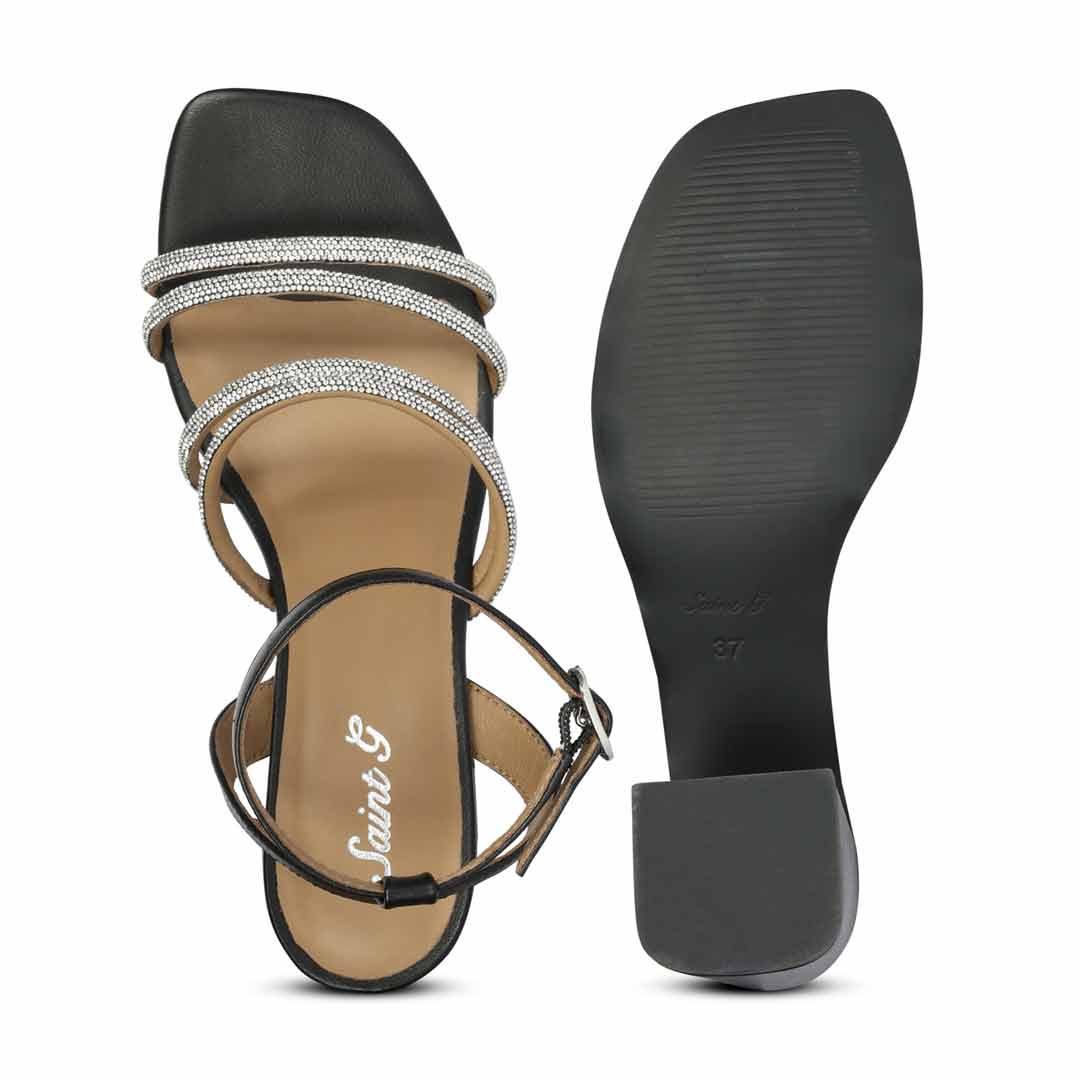 Saint Aldina Crystal Cord Black Leather Jewel Block Heels - Image 7